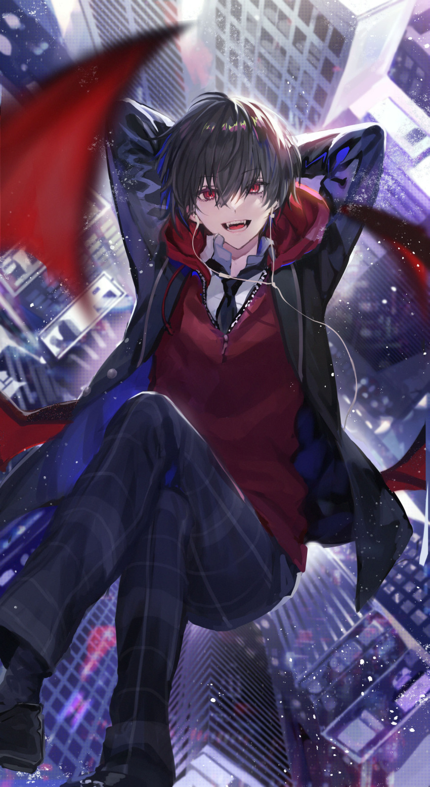 1boy, absurdres, bangs, black_hair, black_jacket, doushite800, earphones, grey_hair