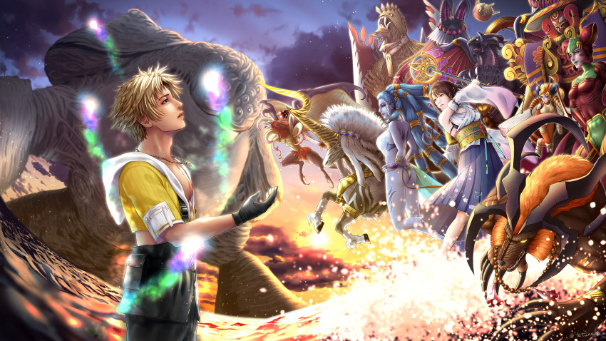 anima_(final_fantasy), bahamut_(final_fantasy), bead_necklace, beads, blonde_hair, blue_hair, blue_skin, brown_hair