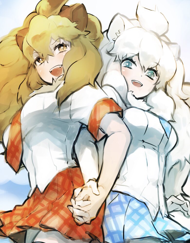 2girls, animal_ears, big_hair, blonde_hair, blue_eyes, blue_necktie, blue_skirt, blush