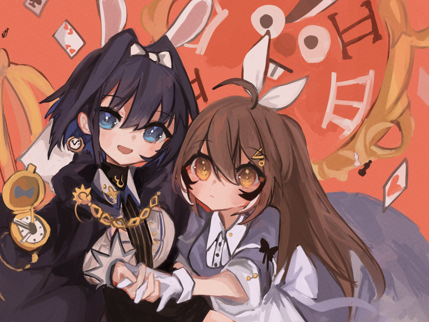 2girls, absurdres, ahoge, alice_(alice_in_wonderland), alice_(alice_in_wonderland)_(cosplay), alice_in_wonderland, animal_ears, apron