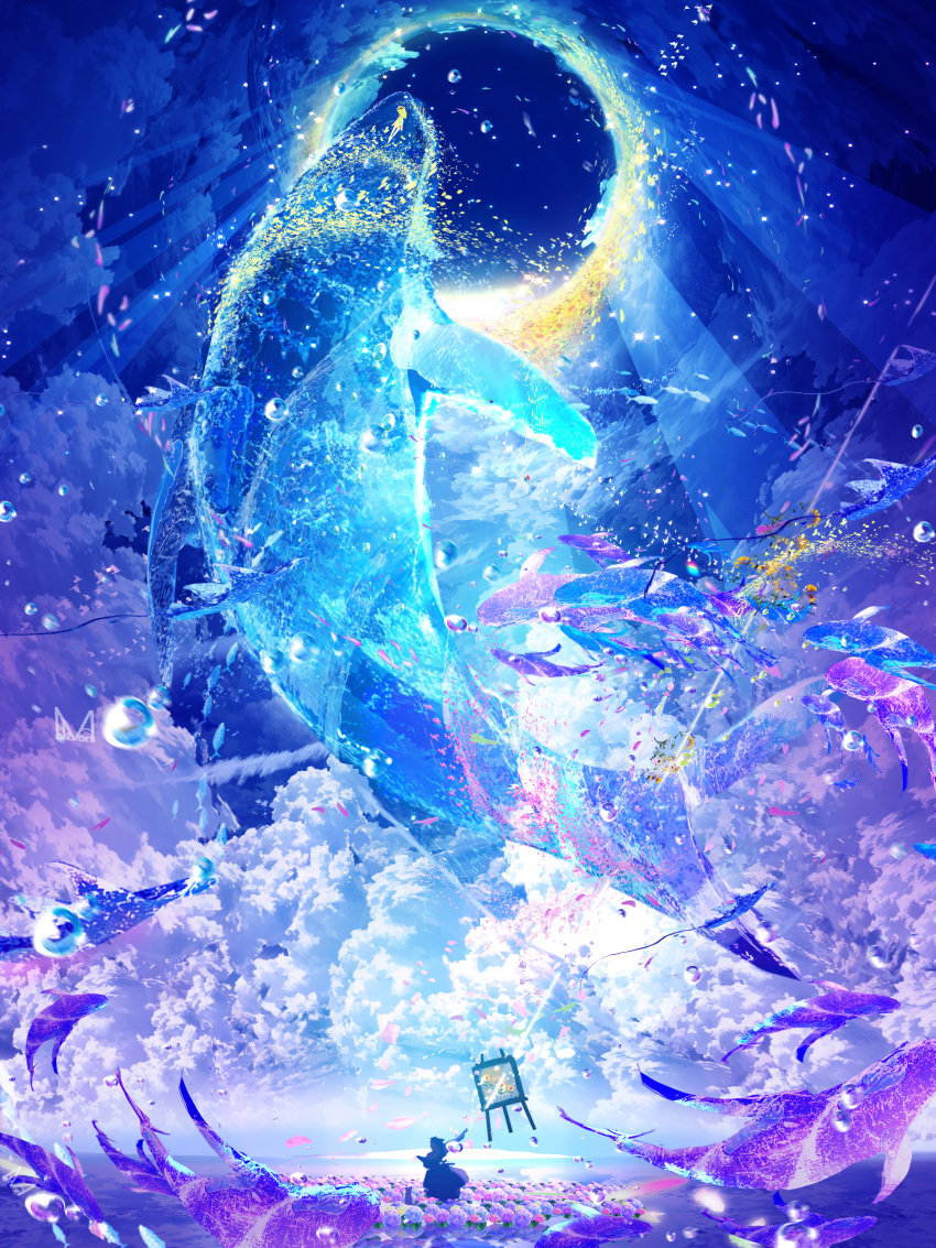 absurdres, artist_name, blue_sky, bubble, canvas_(object), clouds, cloudy_sky, falling_petals
