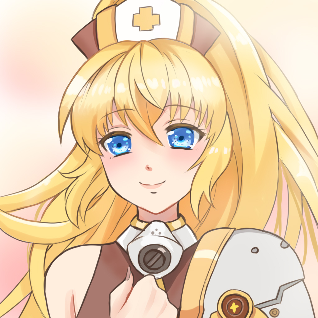 1girl, armor, blonde_hair, blue_eyes, blush, close-up, gyee, hand_on_own_chest, long_hair, looking_at_viewer, mask, mask_around_neck, mercy_(gyee), misotama55, ponytail, shirt, shoulder_armor, simple_background, sleeveless, smile, solo