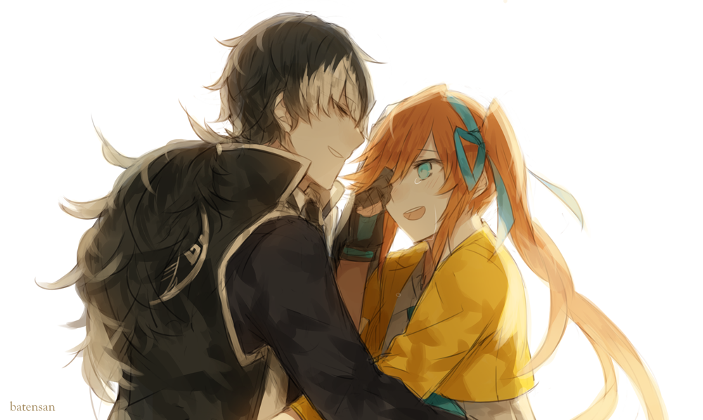 1boy, 1girl, ace_attorney, artist_name, athena_cykes, bangs, batensan, black_coat