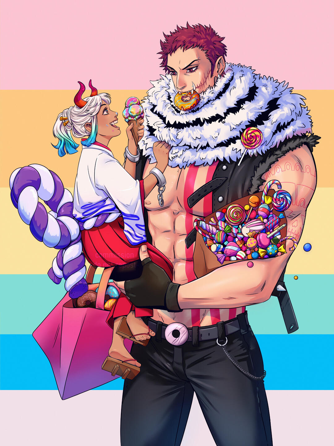 1boy, 1girl, abs, arm_tattoo, bag, bare_arms, bare_pectorals, bare_shoulders, belt, black_gloves, black_pants, black_vest, blue_hair, candy, carrying, chain, charlotte_katakuri, chest_tattoo, child, cuffs, curled_horns, doughnut, earrings, ellie_mehl, eyebrow_piercing, fang, fingerless_gloves, fingernails, food, food_in_mouth, food_on_face, geta, gloves, green_hair, hair_ornament, hair_stick, hakama, height_difference, high_ponytail, highres, holding, holding_food, horns, ice_cream, ice_cream_cone, japanese_clothes, jewelry, lollipop, long_hair, long_sleeves, looking_at_another, mouth_hold, multicolored_hair, multicolored_horns, muscular, muscular_male, nipples, one_piece, oni, open_clothes, open_mouth, open_vest, orange_horns, pants, paper_bag, pectorals, piercing, red_eyes, red_horns, redhead, rope, scar, scar_on_cheek, scar_on_face, scarf, shackles, sharp_teeth, shimenawa, short_hair, shoulder_tattoo, smile, stomach_tattoo, tan, tattoo, teeth, teeth_hold, toes, vest, white_hair, wide_sleeves, yamato_(one_piece), younger