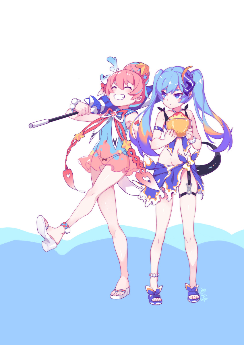 2girls, :d, absurdres, anklet, bangs, beach_umbrella, bikini, blue_eyes