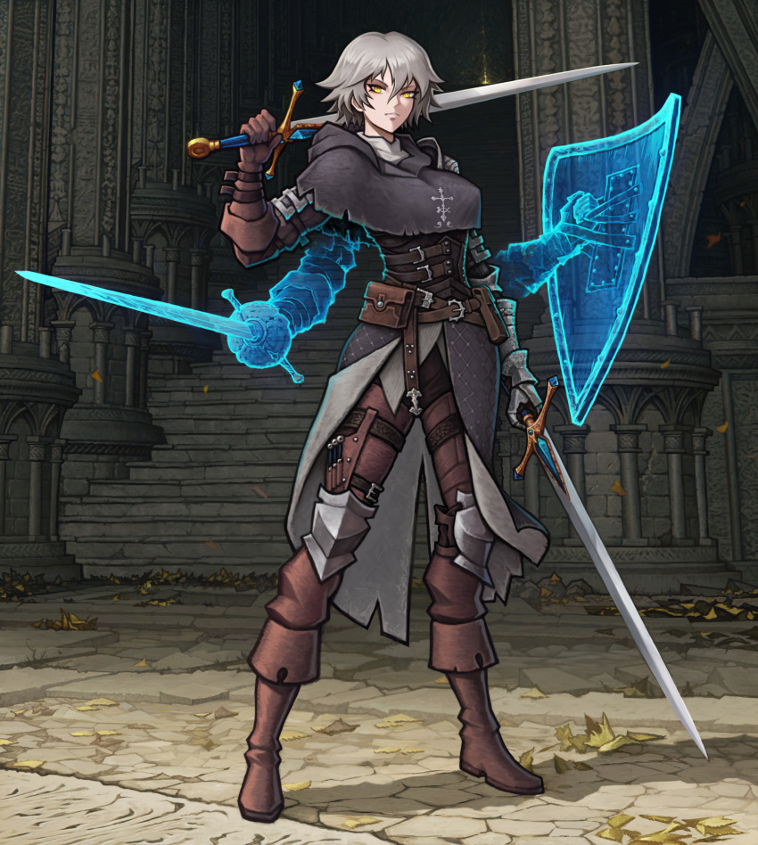 1girl, absurdres, arch, architecture, armor, asymmetrical_bangs, asymmetrical_gloves, bangs