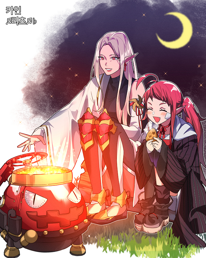 2girls, black_jacket, black_shirt, boots, dungeon_and_fighter, fang, fang_out, female_mage_(dungeon_and_fighter)