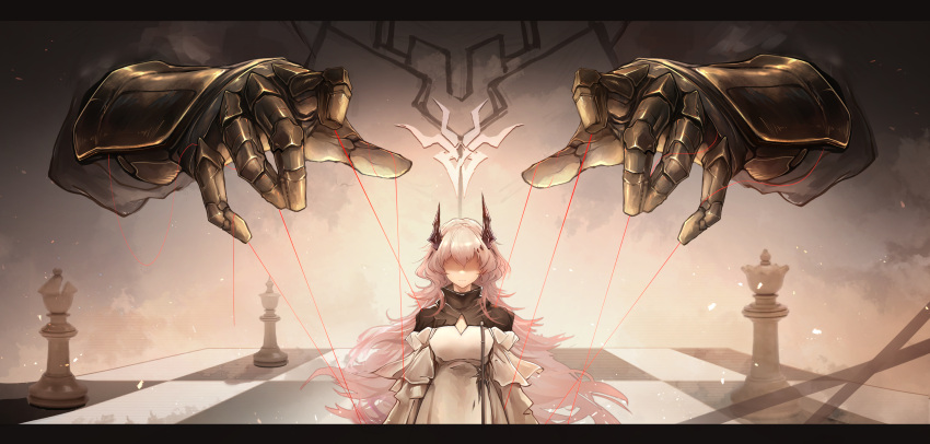 1girl, 1other, :|, absurdres, arknights, bishop_(chess), black_dress, chess_piece