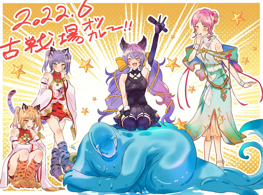 1girl, 1other, 4girls, animal_ears, animal_hands, armpit_crease, bai_(granblue_fantasy), bangs, bare_shoulders, black_dress, black_gloves, black_legwear, blonde_hair, breasts, cidala_(granblue_fantasy), cleavage_cutout, clothing_cutout, crying, detached_sleeves, dress, elbow_gloves, erune, flower, full_body, garter_straps, girl_on_top, gloves, granblue_fantasy, hair_ornament, hat, highres, holding, holding_microphone, jewelry, layered_dress, lennah, long_hair, medium_breasts, microphone, multiple_girls, open_mouth, ori_ibu, paw_gloves, pink_hair, purple_hair, satyr_(granblue_fantasy), short_dress, siblings, single_elbow_glove, sisters, sitting, smile, sparkle, star_(symbol), tail, thigh-highs, tiger_ears, tiger_girl, tiger_paws, tiger_tail, twins, twintails, v, violet_eyes