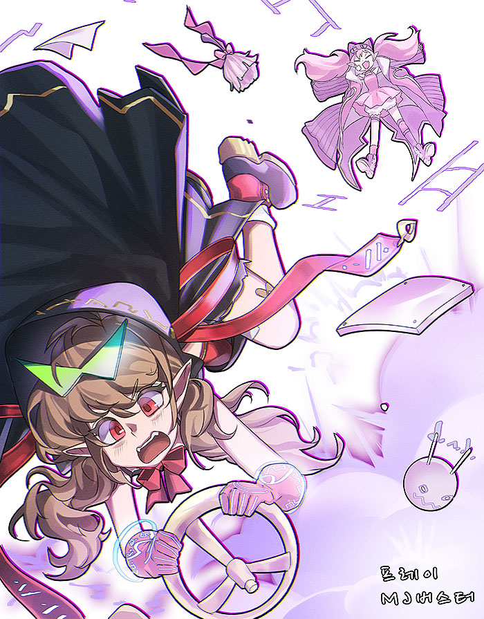 2girls, bandaid, bandaid_on_leg, black_cloak, boots, brown_hair, cloak, dungeon_and_fighter