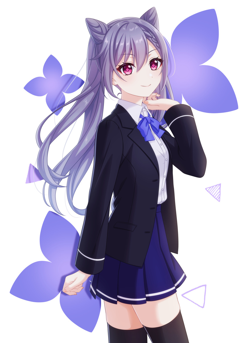 1girl, absurdres, bangs, black_jacket, black_legwear, blazer, blue_skirt, braid