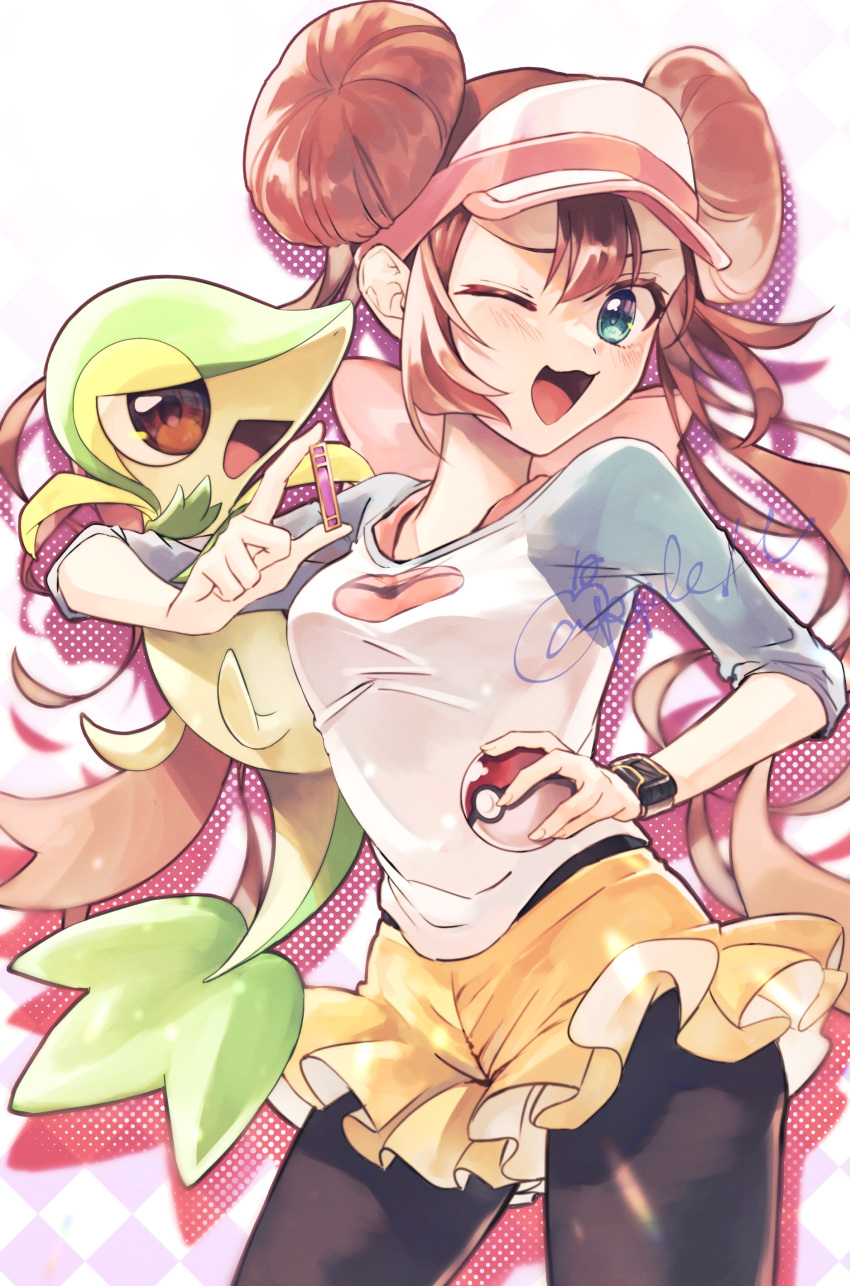 1girl, ;d, absurdres, black_legwear, bow, breasts, brown_hair, commentary_request, double_bun, eyelashes, green_eyes, hair_bun, highres, holding, holding_poke_ball, legwear_under_shorts, long_hair, minatoya_ringo, one_eye_closed, open_mouth, pantyhose, pink_bow, poke_ball, poke_ball_(basic), pokemon, pokemon_(game), pokemon_bw2, pokemon_on_arm, raglan_sleeves, rosa_(pokemon), short_shorts, shorts, smile, snivy, tongue, twintails, visor_cap, yellow_shorts