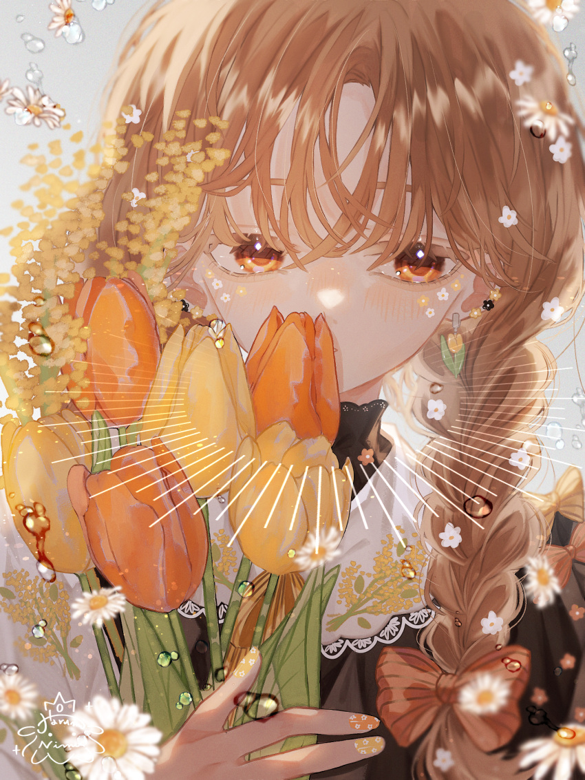 1girl, bangs, blurry, blurry_foreground, bow, braid, brown_hair, commentary
