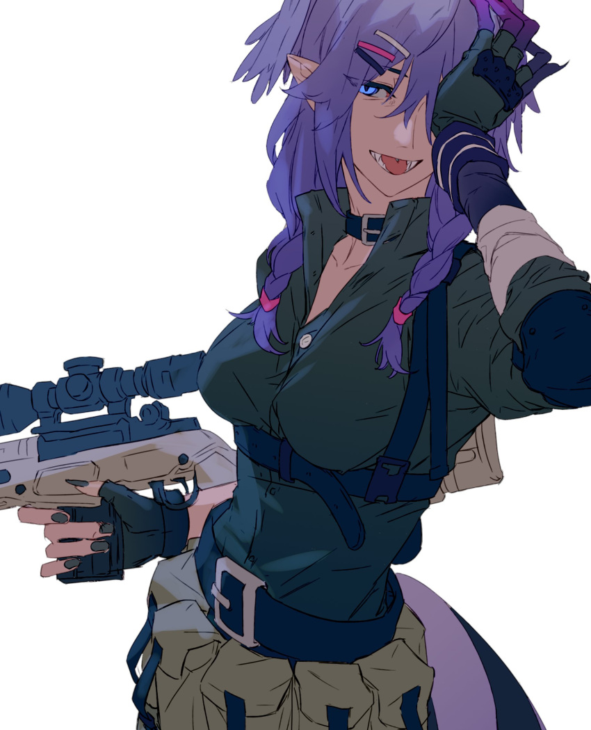 1girl, bandaged_arm, bandages, belt, black_belt, black_collar, black_gloves, black_nails, black_shirt, blue_eyes, braid, breasts, brown_pants, collar, collared_shirt, dragon_arm, dragon_girl, dragon_tail, dress_shirt, fangs, fingerless_gloves, gloves, gun, hair_ornament, hairclip, hand_over_eye, head_wings, highres, holding, holding_gun, holding_weapon, looking_to_the_side, medium_breasts, medium_hair, nail_polish, nijisanji, nijisanji_en, pants, pointy_ears, purple_hair, purple_wings, rifle, selen_tatsuki, shirt, smile, sniper_rifle, solo, tadanoinuinu, tail, twin_braids, virtual_youtuber, weapon, wings, wristband