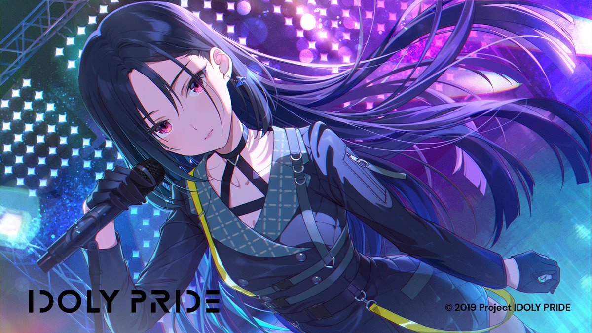1girl, bangs, black_hair, earrings, guest_art, idol, idoly_pride, jacket
