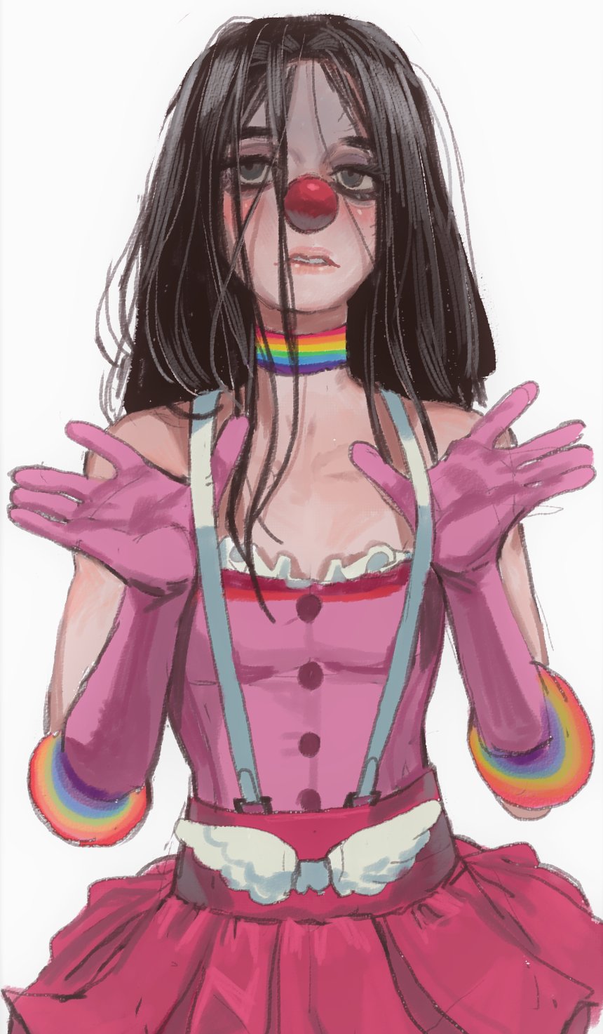 1girl, ace_attorney, black_hair, choker, clown_nose, flat_chest, geiru_toneido, gloves