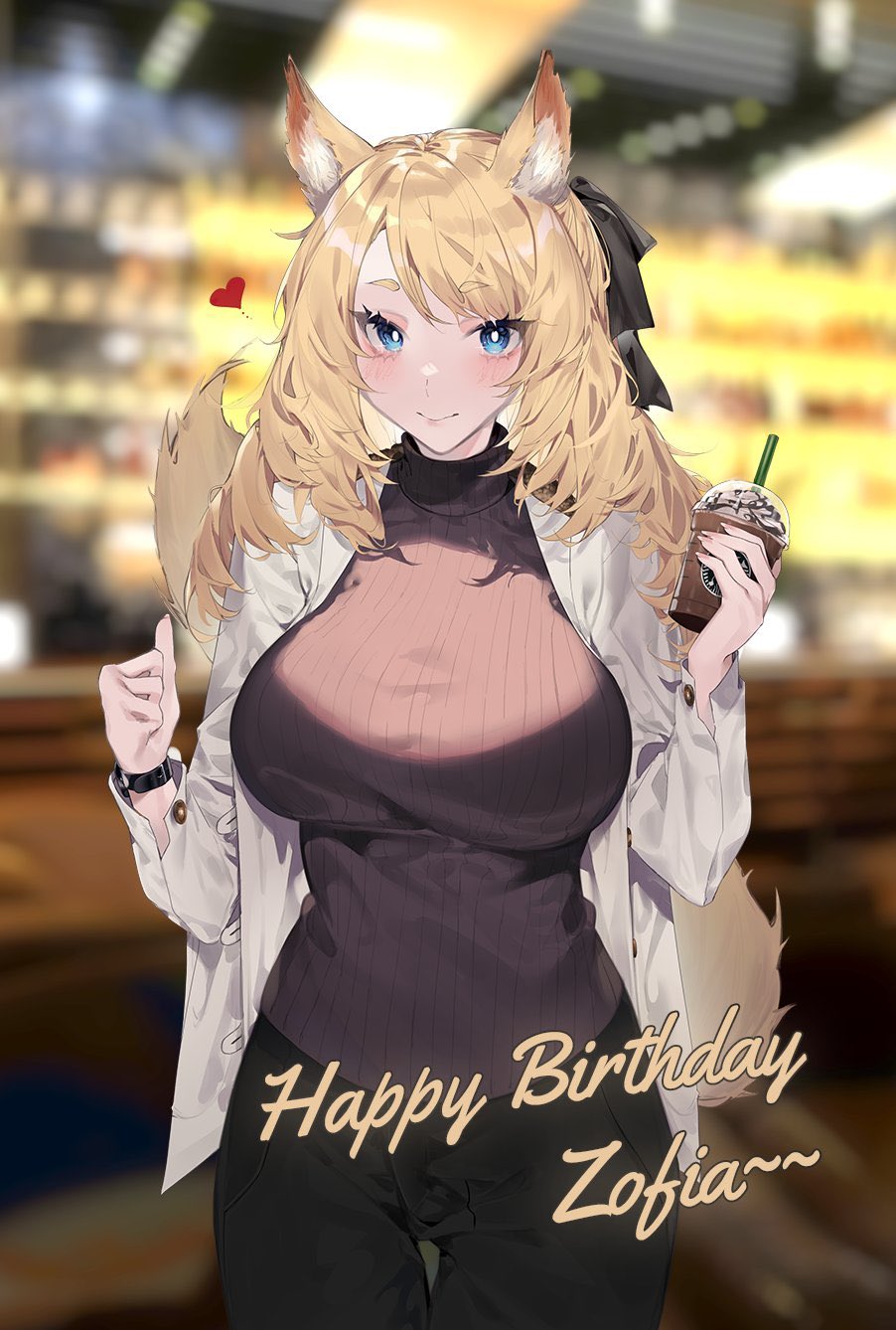 1girl, :>, alternate_costume, animal_ear_fluff, animal_ears, arknights, birthday, black_bow, black_pants, black_sweater, blonde_hair, blue_eyes, blush, bow, breasts, casual, commentary, commission, english_commentary, english_text, frappuccino, hair_bow, heart, highres, horse_girl, horse_tail, jacket, kaa-san, large_breasts, long_sleeves, looking_at_viewer, open_clothes, open_jacket, pants, ponytail, second-party_source, smile, solo, starbucks, sweater, tail, watch, whislash_(arknights), white_jacket