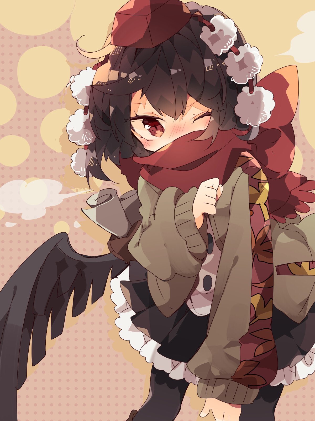 1girl, autumn_leaves, bangs, bird_wings, black_hair, black_legwear, black_skirt, black_wings