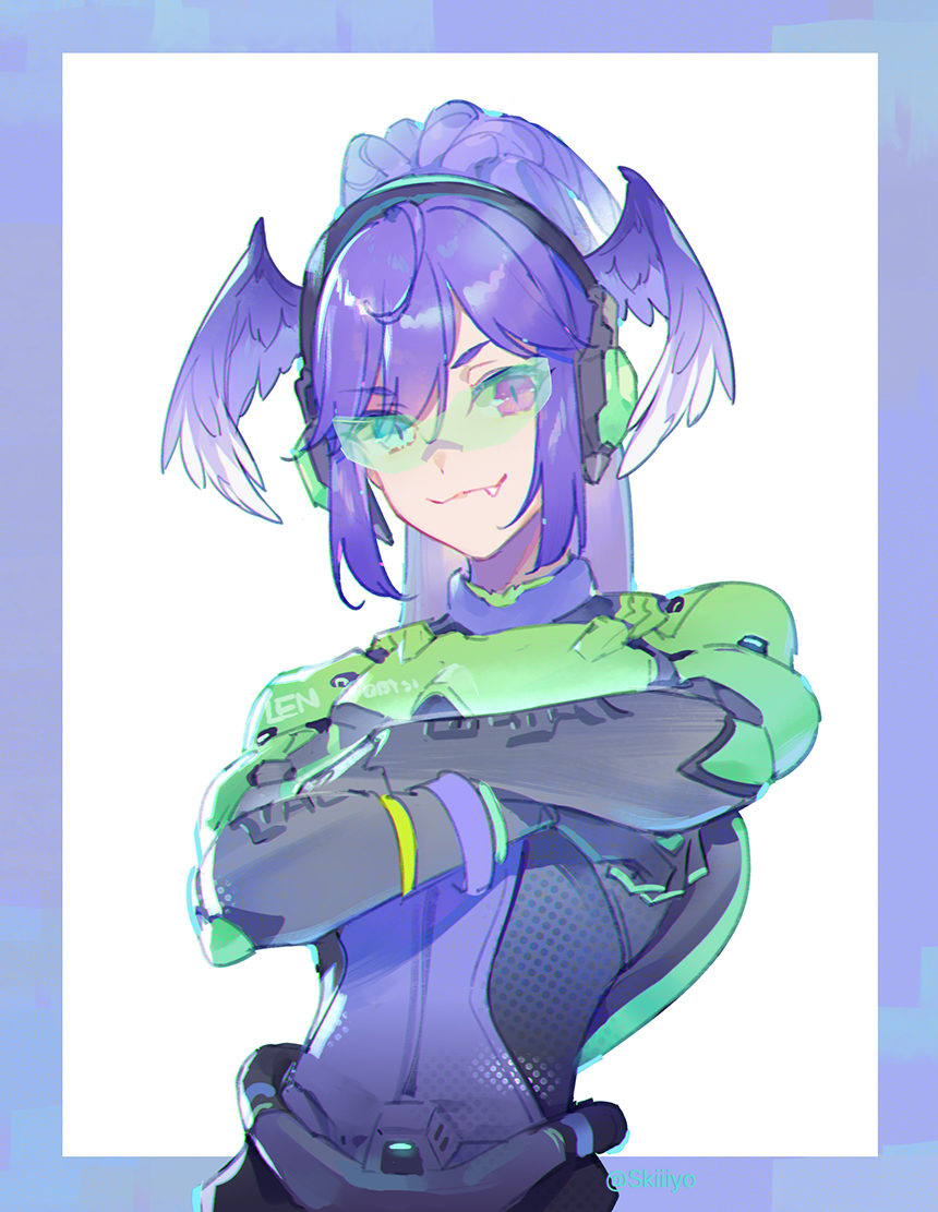 1girl, ahoge, armor, black_armor, blue_eyes, border, braid, cosplay, dragon_girl, eyelashes, eyes_visible_through_hair, fang, full_armor, glasses, green_armor, green_eyewear, hair_ornament, hairclip, head_wings, headphones, heterochromia, kistina, looking_at_viewer, lucio_(overwatch), lucio_(overwatch)_(cosplay), medium_hair, multicolored_clothes, nijisanji, nijisanji_en, overwatch, pointy_ears, ponytail, purple_armor, purple_background, purple_hair, purple_wings, rimless_eyewear, selen_tatsuki, smile, solo, twin_braids, violet_eyes, virtual_youtuber, white_background, wings