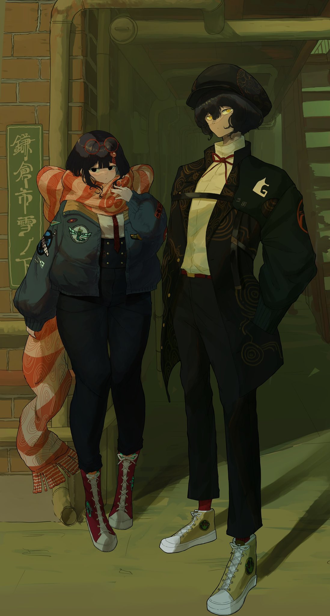 2girls, bangs, black_coat, black_eyes, black_hair, black_headwear, black_pants, blue_jacket, blunt_bangs, cabbie_hat, closed_mouth, coat, dark-skinned_female, dark_skin, down_jacket, enpera, eyewear_on_head, full_body, glasses, hair_between_eyes, hair_ornament, hands_in_pockets, hat, highres, jacket, long_hair, long_sleeves, looking_at_viewer, multiple_girls, necktie, open_clothes, open_coat, open_jacket, orange-framed_eyewear, orange_scarf, original, outdoors, pants, red_footwear, red_necktie, scarf, shirt, shisyamo1nora, shoes, short_hair, sneakers, white_shirt, yellow_eyes, yellow_footwear