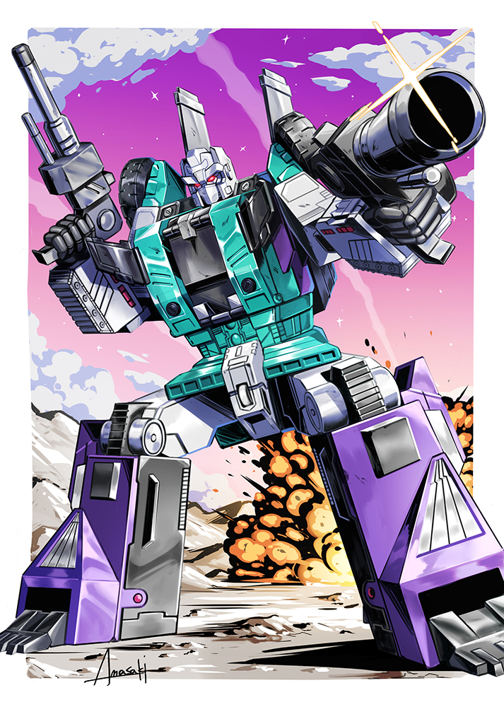amasaki_yusuke, commission, decepticon, dual_wielding, explosion, gun, holding, holding_gun
