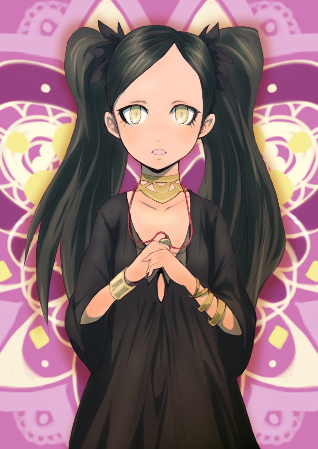 1girl, black_dress, black_hair, bracelet, collarbone, dragon's_dogma, dress, flat_chest