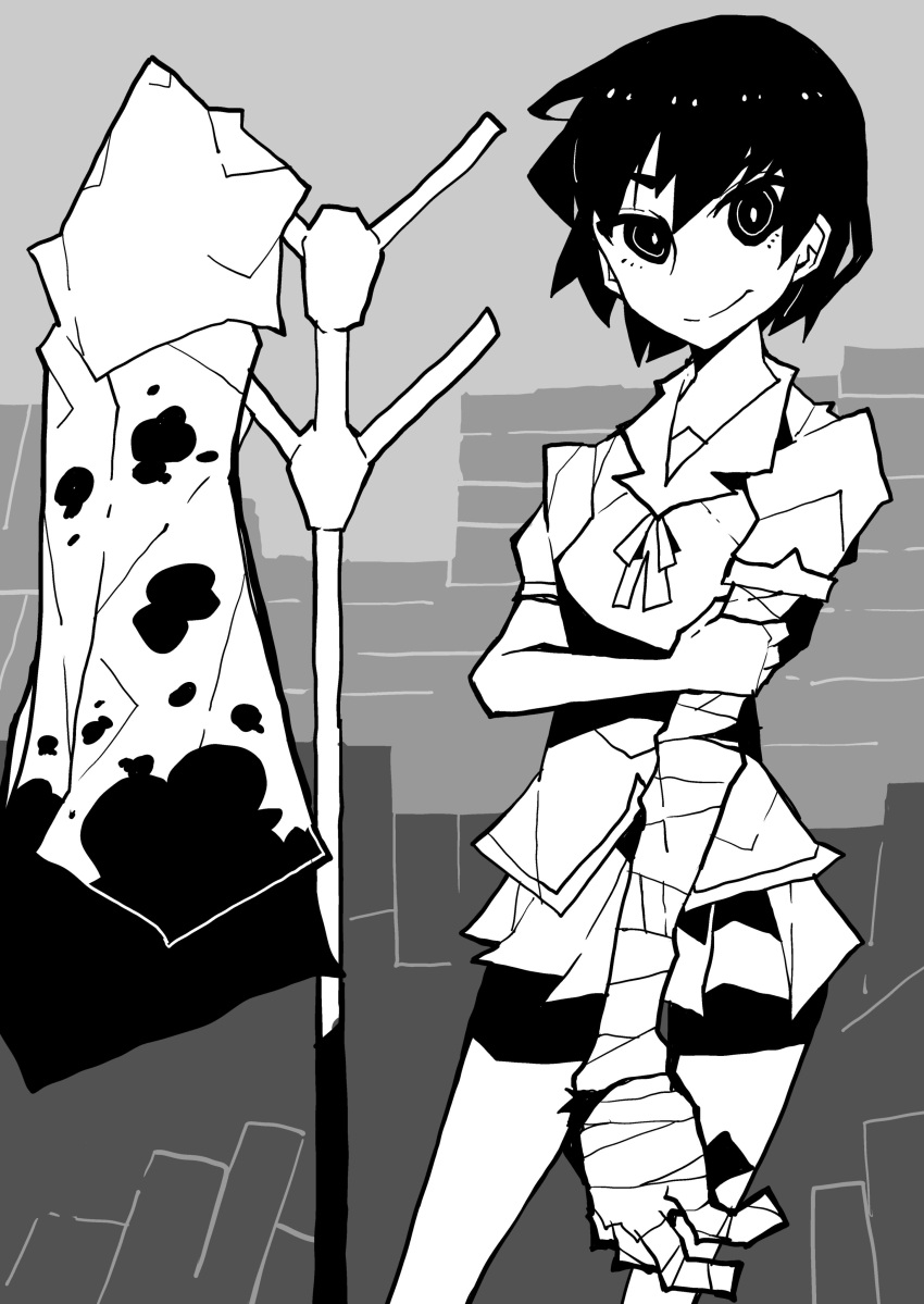 1girl, absurdres, akableak, bakemonogatari, bandaged_arm, bandages, bangs, basketball
