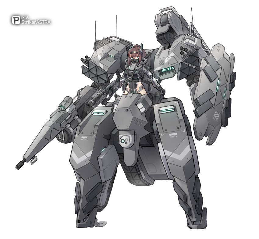 1girl, aqua_eyes, armor, breasts, brown_hair, commentary_request, full_body, gun