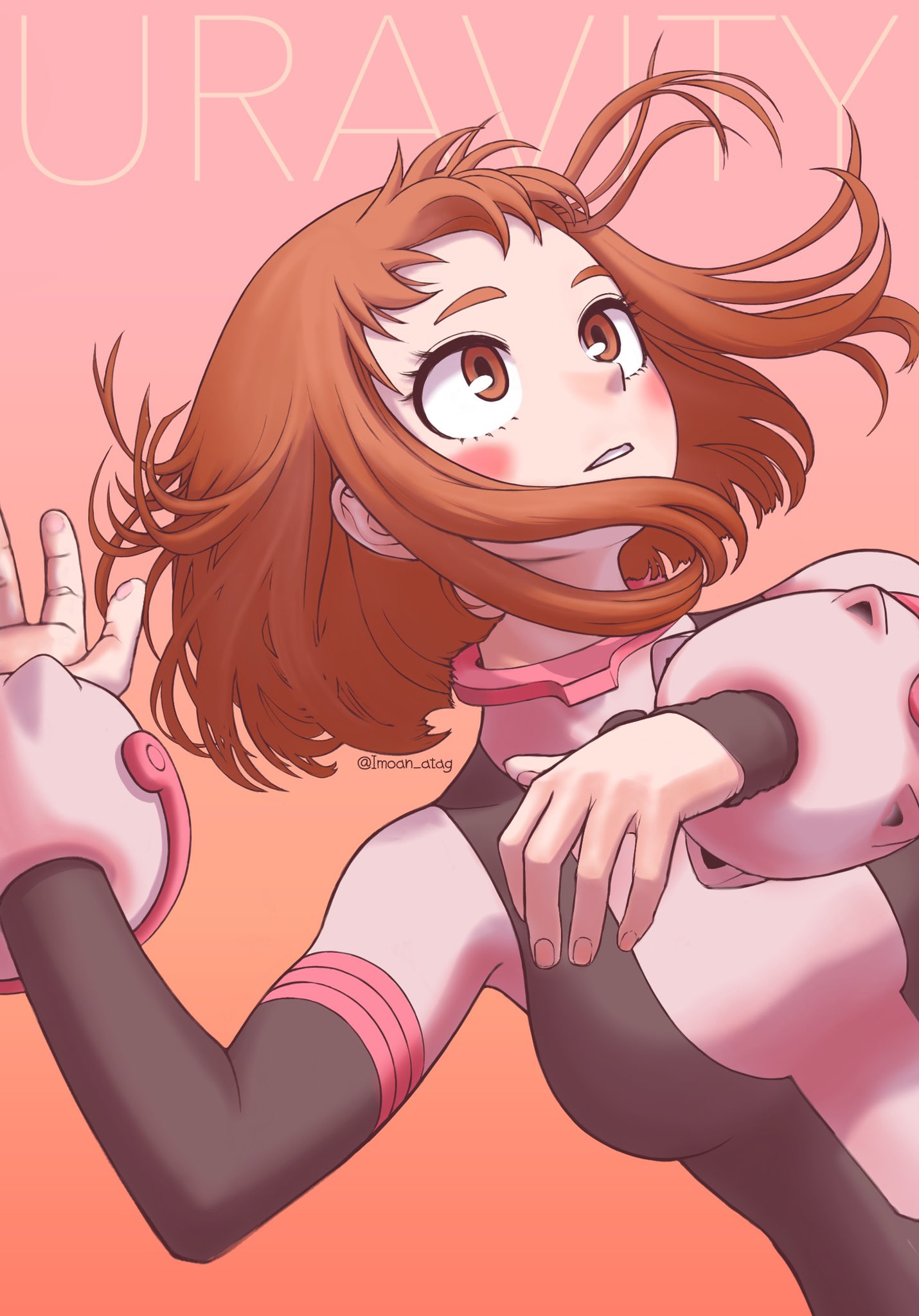 1girl, arm_up, bangs, blush, boku_no_hero_academia, breasts, brown_eyes, brown_hair, gauntlets, hand_on_own_chest, highres, imoan_atag, large_breasts, looking_up, messy_hair, pink_background, short_hair, simple_background, solo, tight, twitter_username, uraraka_ochako