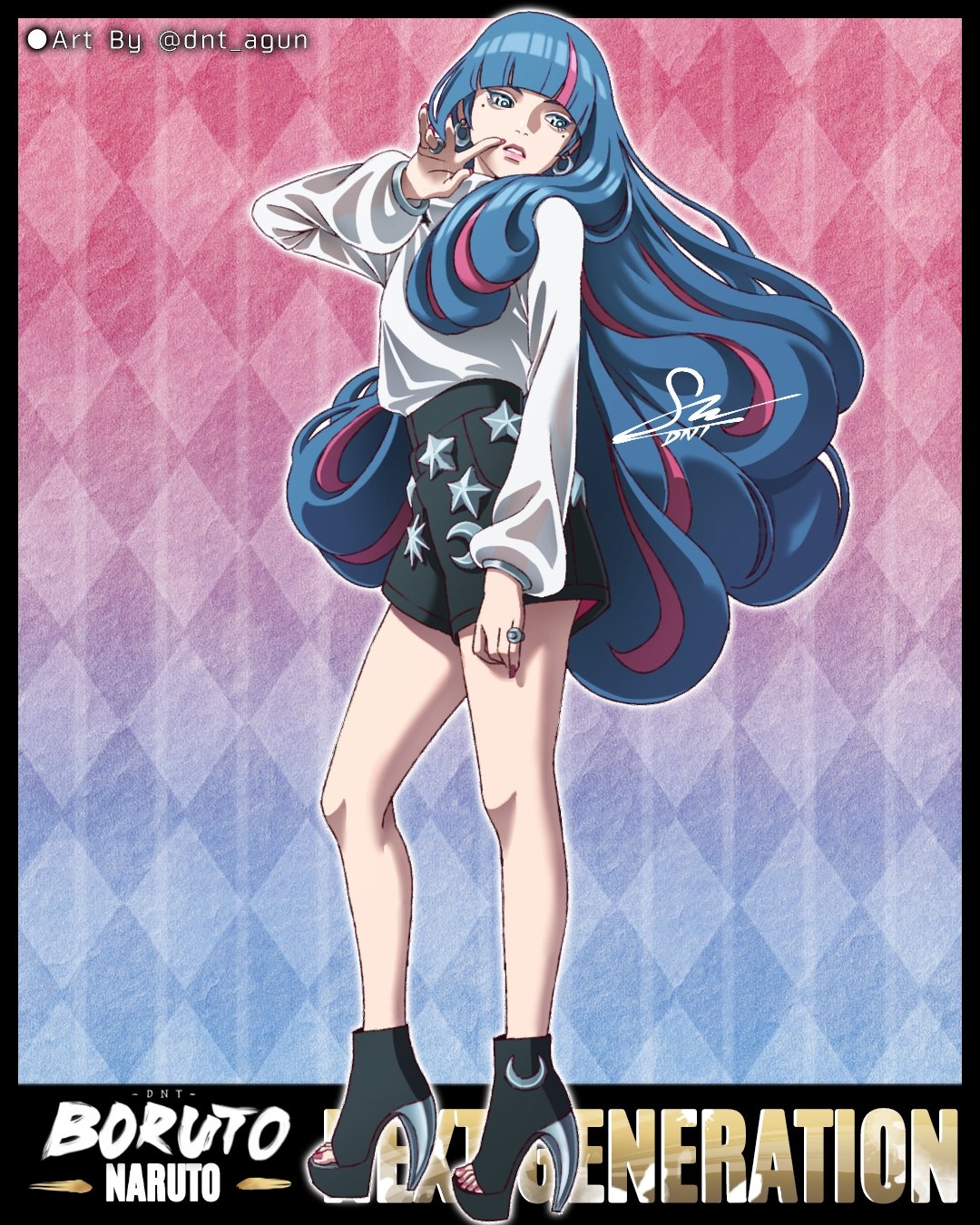1girl, ada_(naruto), argyle, argyle_background, black_shorts, blue_hair, boruto:_naruto_next_generations, copyright_name, dnt_agun, full_body, gradient, gradient_background, highres, jewelry, long_hair, long_sleeves, nail_polish, naruto_(series), pink_hair, red_nails, ring, shiny, shiny_hair, short_shorts, shorts, solo, standing, sweater, very_long_hair, white_sweater