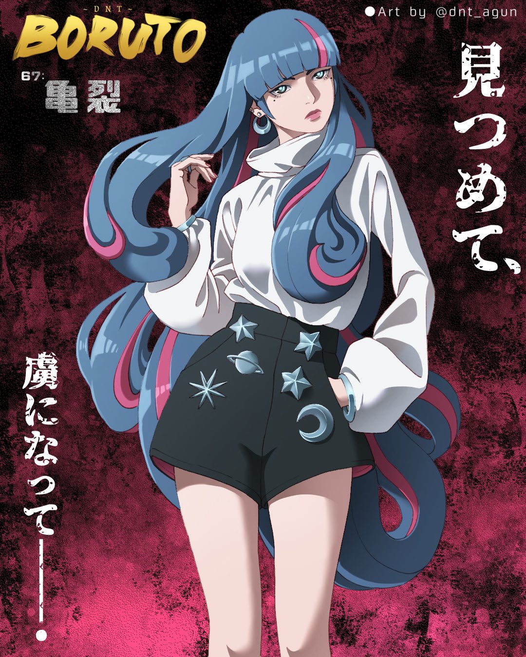 1girl, ada_(naruto), artist_name, bangs, black_shorts, blue_hair, blunt_bangs, boruto:_naruto_next_generations