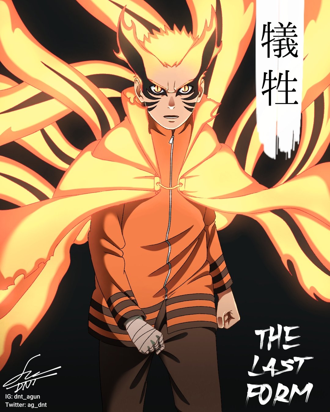 1boy, artist_name, bandaged_hand, bandages, black_pants, blonde_hair, boruto:_naruto_next_generations, dnt_agun, highres, jacket, long_sleeves, looking_at_viewer, male_focus, naruto_(series), orange_jacket, pants, short_hair, slit_pupils, solo, spoilers, twitter_username, uzumaki_naruto, yellow_cloak, yellow_eyes, zipper