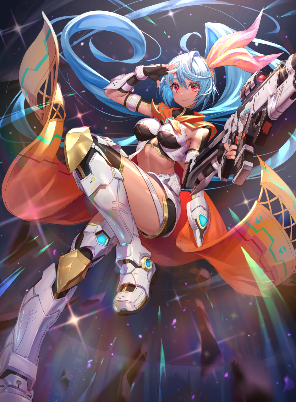 1girl, aina_(pso2ngs), assault_rifle, blue_hair, breasts, dark-skinned_female, dark_skin, full_body