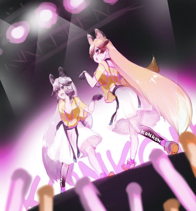 2girls, alternate_costume, animal_ears, black_gloves, black_hair, black_legwear, brown_hair, commentary_request