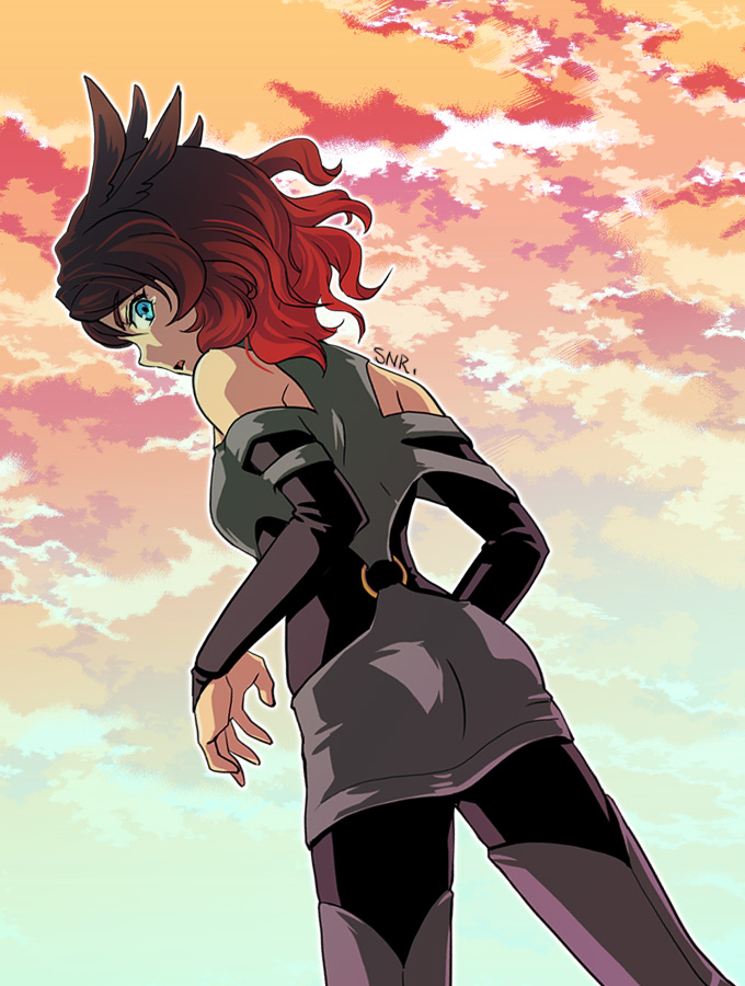 1girl, artist_name, ass, black_dress, black_hair, black_legwear, black_sleeves, black_undershirt, blue_eyes, boots, breasts, clouds, commentary, dress, hiramori_mitsuko, looking_at_viewer, looking_back, medium_breasts, medium_hair, open_mouth, sanaria_j, shirt, thigh_boots, yu-gi-oh!, yu-gi-oh!_go_rush!!
