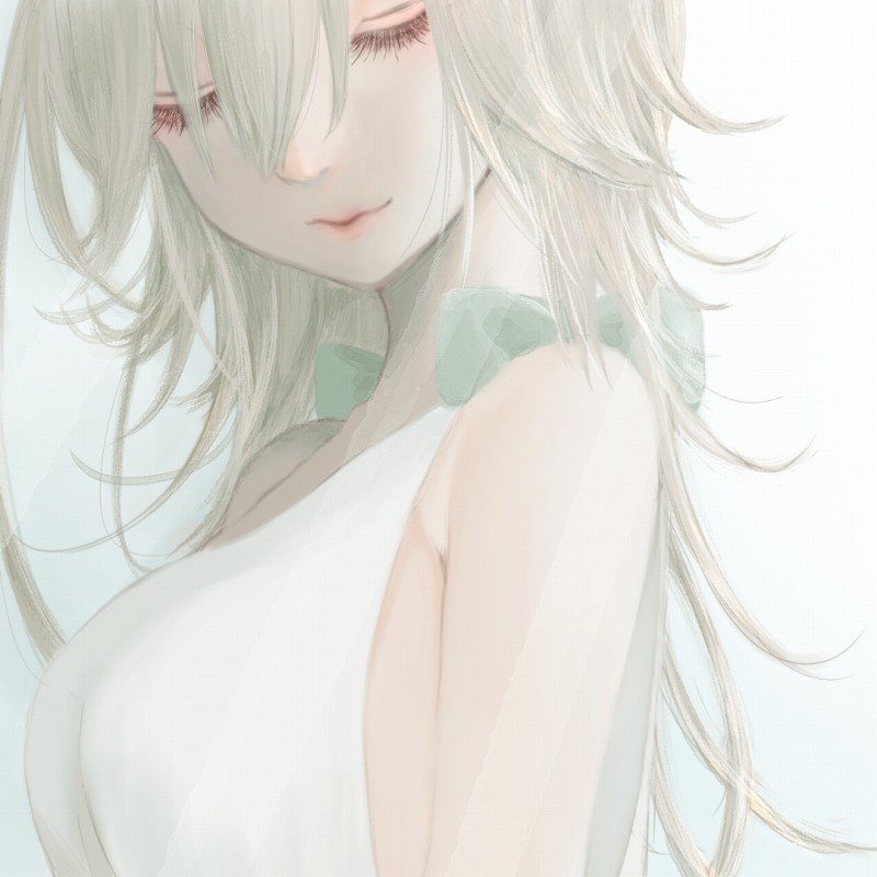 1girl, bow, breasts, closed_eyes, closed_mouth, dress, grey_hair, itsuki_dorothy, long_hair, nier, nier_(series), simple_background, white_dress, yonah