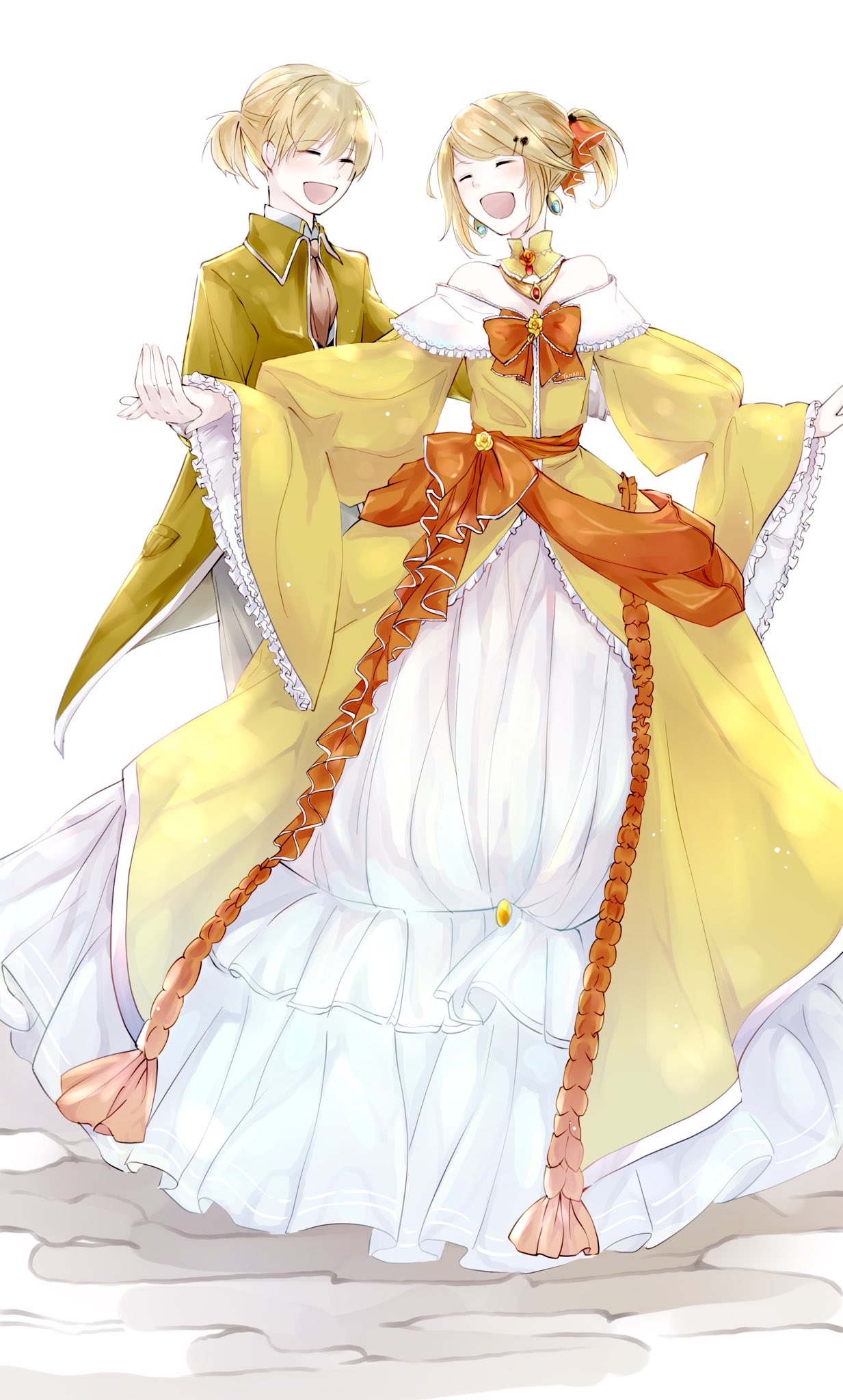 1boy, 1girl, aku_no_meshitsukai_(vocaloid), aku_no_musume_(vocaloid), allen_avadonia, ascot, backlighting, bare_shoulders