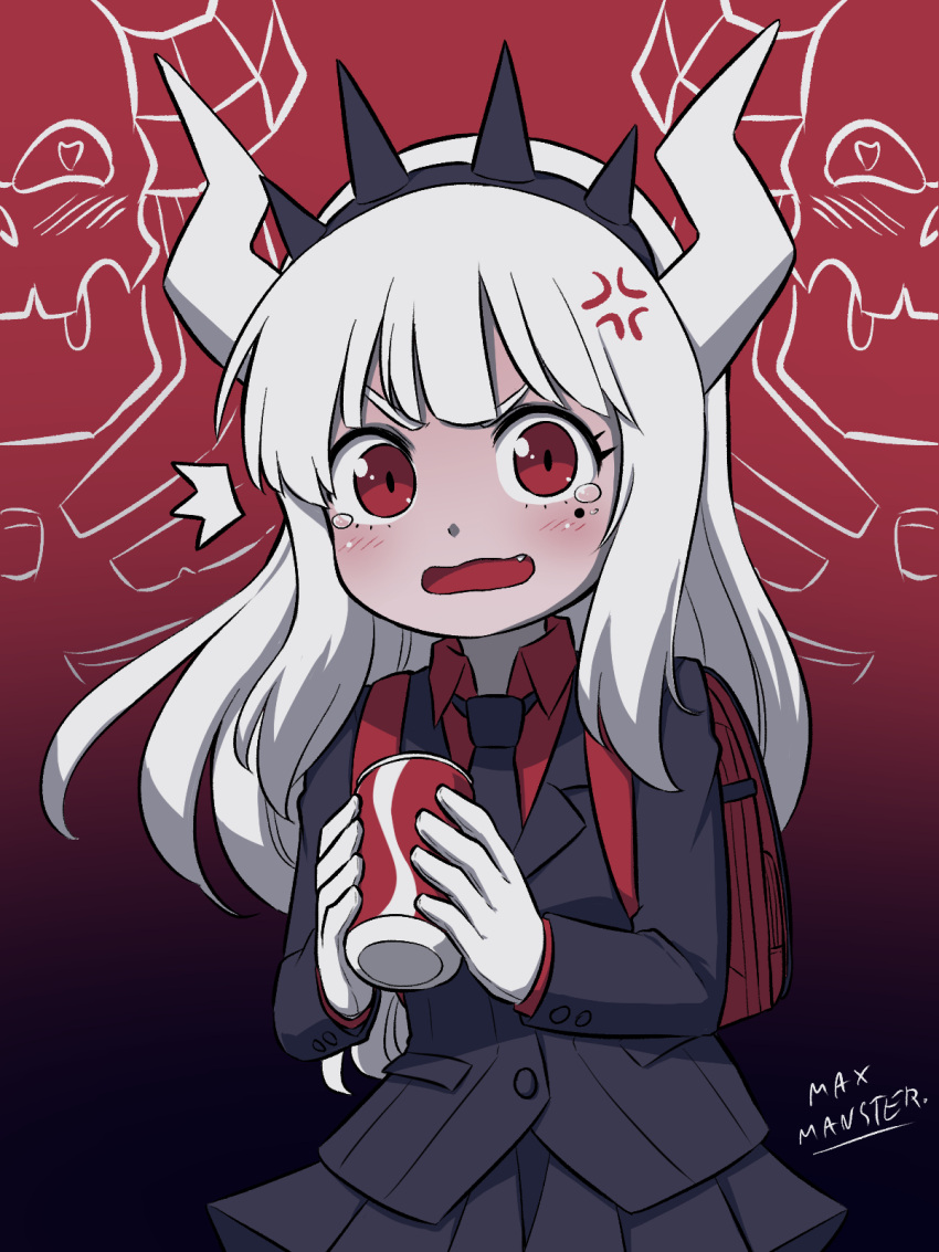 1girl, angry, backpack, bag, blush, child, crown, demon_girl, demon_horns, fang, fang_out, gloves, helltaker, highres, holding, horns, lucifer_(helltaker), max_manster, mole, mole_under_eye, necktie, red_eyes, white_gloves, white_hair, white_horns