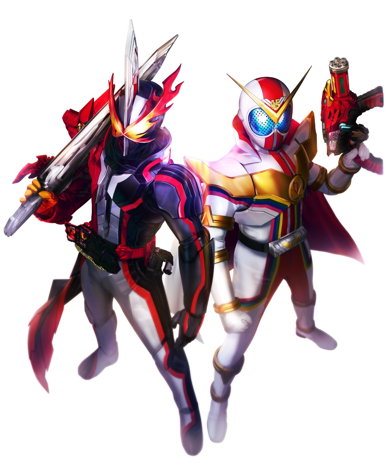 2boys, anniversary, armor, asymmetrical_gloves, black_armor, boots, brave_dragon, cape, company_connection, compound_eyes, crossover, dragon, driver_(kamen_rider), fire, geartlinger, gloves, gun, highres, kamen_rider, kamen_rider_saber, kamen_rider_saber_(series), kikai_sentai_zenkaiger, knight, looking_at_viewer, masukudo_(hamamoto_hikaru), mismatched_gloves, multicolored_clothes, multiple_boys, numbered, reiwa, rider_belt, simple_background, super_sentai, sword, tokusatsu, weapon, western_dragon, white_background, white_footwear, white_gloves, wonder_ride_book, yellow_eyes, zenkaizer