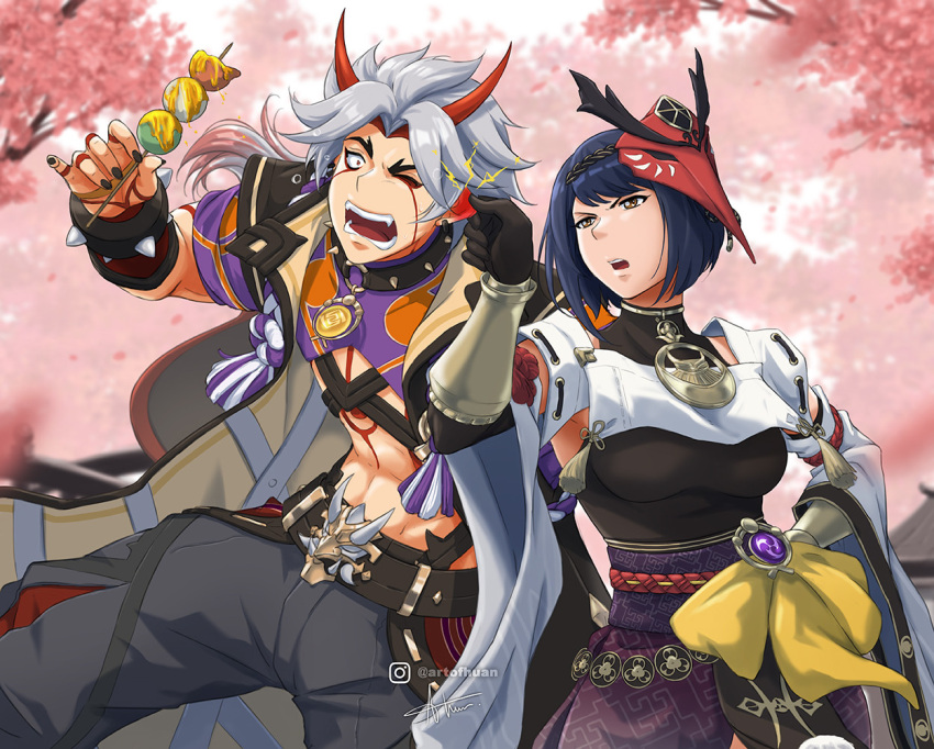 1boy, 1girl, abs, arataki_itto, artist_name, artofhuan, bangs, belt, bird_mask, black_gloves, black_hair, black_nails, blurry, blurry_background, bracelet, breasts, cherry_blossoms, collar, dango, detached_sleeves, ear_pull, earrings, english_commentary, facepaint, food, genshin_impact, gloves, holding, holding_food, horns, japanese_clothes, jewelry, kujou_sara, large_breasts, long_hair, looking_at_another, mask, mask_on_head, mixed-language_commentary, multicolored_hair, oni, oni_horns, open_mouth, pants, red_eyes, scolding, short_hair, signature, spiked_bracelet, spiked_collar, spikes, tassel, tattoo, teeth, toned, toned_male, upper_teeth, vision_(genshin_impact), wagashi, white_hair, yellow_eyes