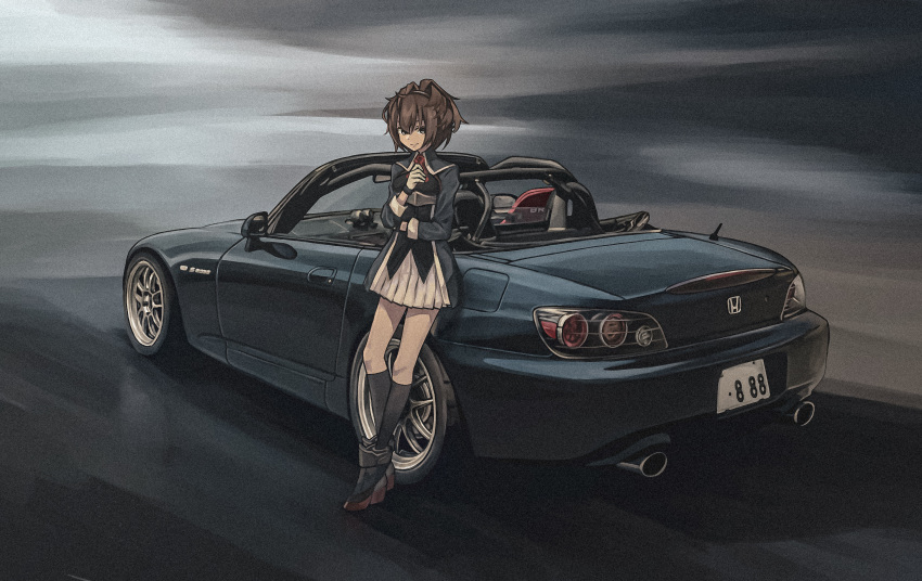 1girl, absurdres, ascot, black_legwear, blue_eyes, bokuya, brown_hair, car