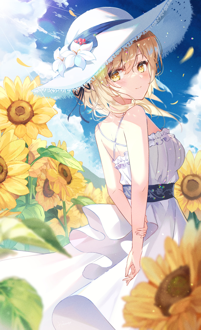 1girl, alternate_costume, arms_behind_back, backlighting, blonde_hair, blue_sky, blurry, blurry_foreground