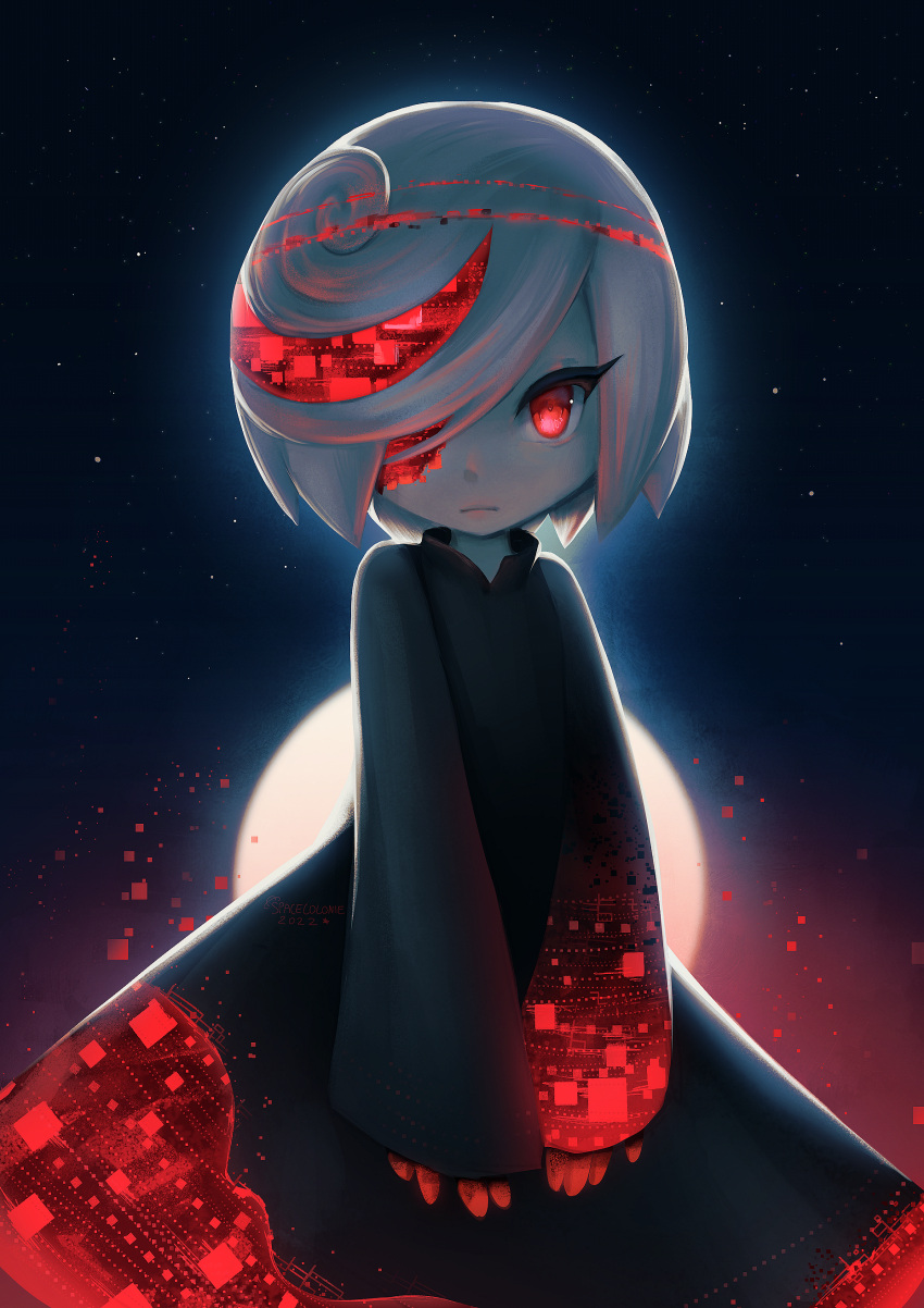 1girl, absurdres, artist_name, backlighting, bangs, black_dress, blue_sky, child