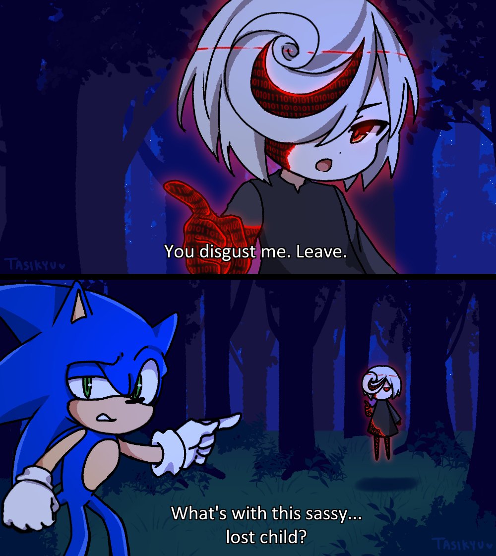 1boy, 1girl, english_text, floating, forest, gloves, green_eyes, hair_over_one_eye