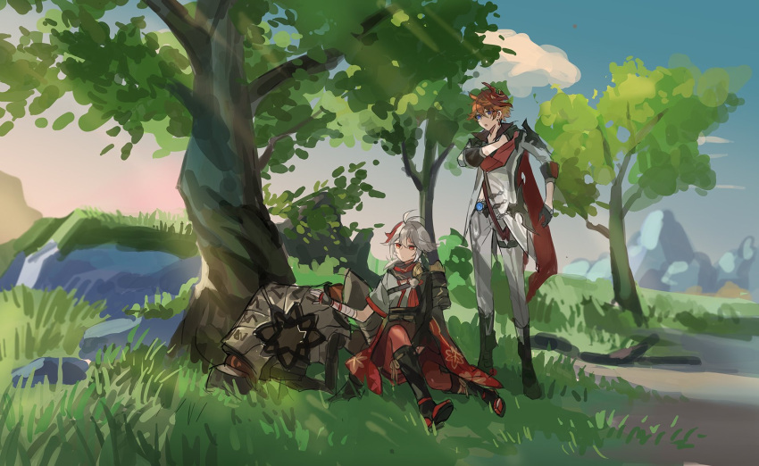 2boys, :o, armor, bandaged_hand, bandages, bangs, black_gloves, boots, clouds, fingerless_gloves, genshin_impact, gloves, grass, hair_between_eyes, highres, japanese_armor, japanese_clothes, kaedehara_kazuha, leaf_print, mask, mask_on_head, multicolored_hair, multiple_boys, orange_eyes, pants, parted_lips, ponytail, red_eyes, red_mask, red_scarf, redhead, ruin_guard_(genshin_impact), scarf, sitting, sky, standing, streaked_hair, tartaglia_(genshin_impact), tree, trkz_tmwk, vision_(genshin_impact), white_hair