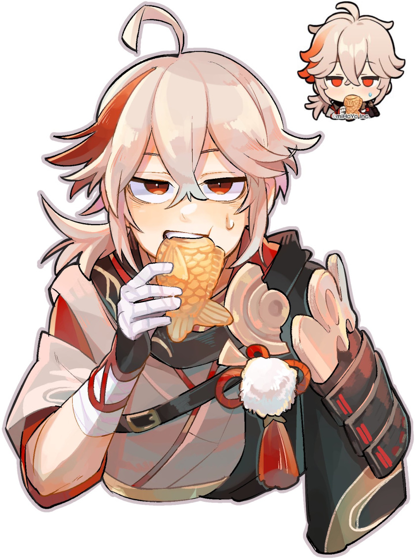 1boy, armor, bandaged_hand, bandages, bangs, cropped_torso, eating, food