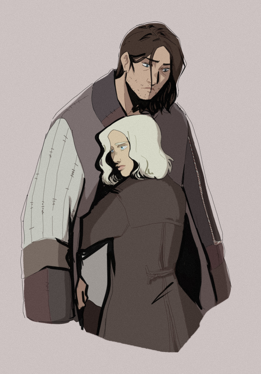 1girl, 1man, black_hair, dani-dear, grace_(pathologic), grey_jacket, hug, jacket_on_shoulders