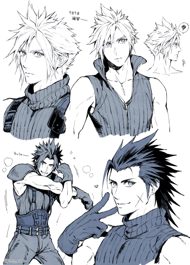 2boys, 777_komo, armor, bangs, belt, cloud_strife, collarbone, crisis_core_final_fantasy_vii