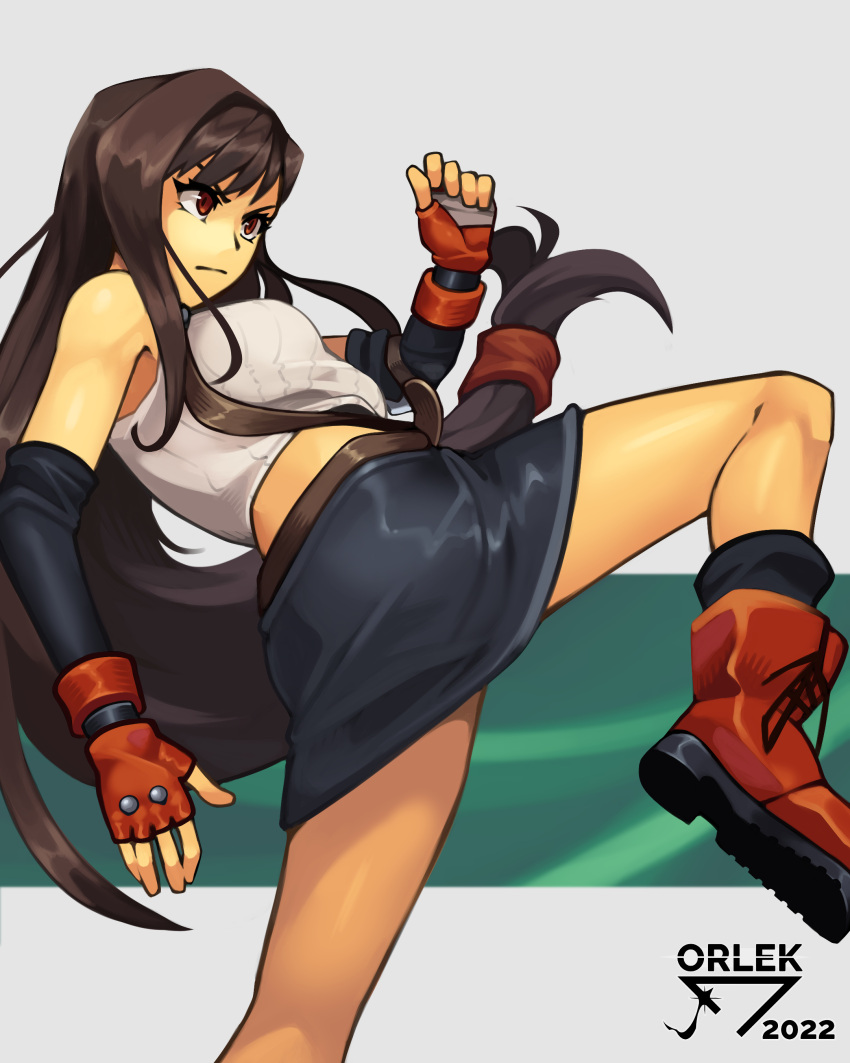 1girl, absurdres, artist_name, breasts, brown_hair, fighting_stance, final_fantasy, final_fantasy_vii, fingerless_gloves, gloves, highres, leg_up, letterboxed, long_hair, looking_to_the_side, low-tied_long_hair, medium_breasts, midriff, orlek_tg, red_eyes, shirt, skirt, solo, suspender_skirt, suspenders, tifa_lockhart, upper_body, white_shirt