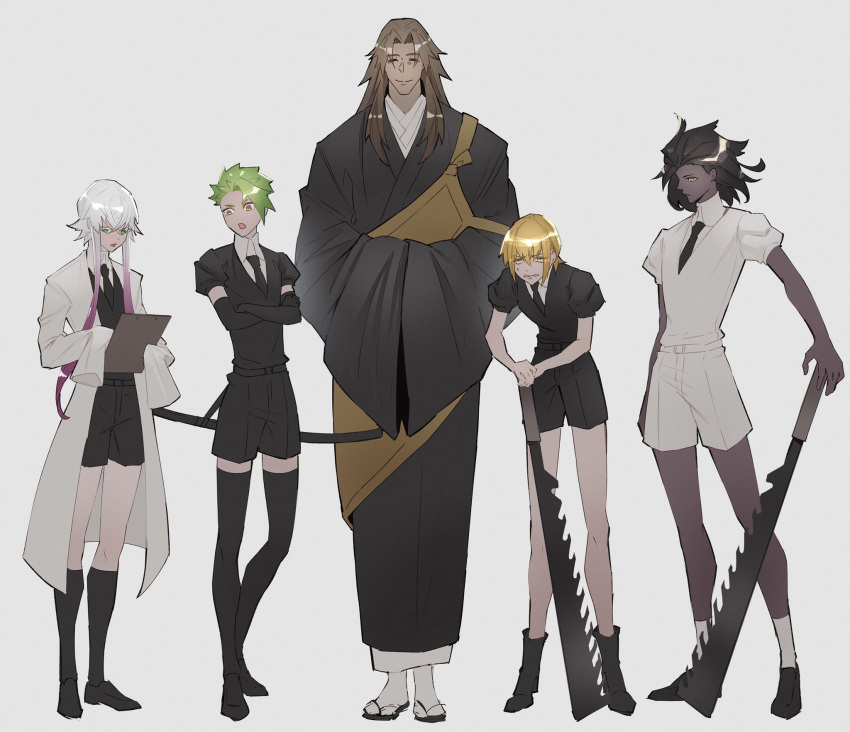 5boys, achilles_(fate), asclepius_(fate), bangs, belt, black_footwear, black_gloves, black_hair